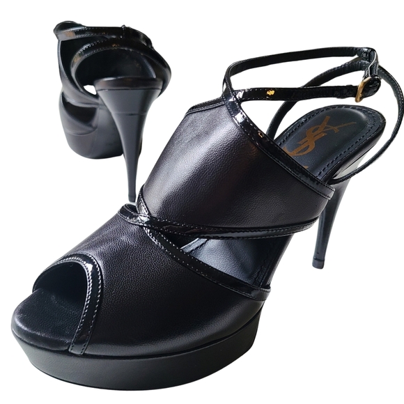 Yves SAINT LAURENT vtg *RARE* Platform Patent & Leather Ankle Strap Peep 36.5 - Picture 2 of 15